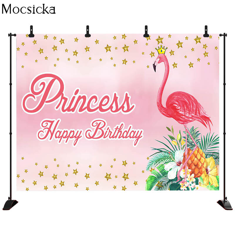 Mocsicka Flamingo Verjaardag Achtergrond Zomer Tropische Hawaiiaanse Bloemen Fotografie Achtergrond Bloem Baby Shower Cake Tafel Banner