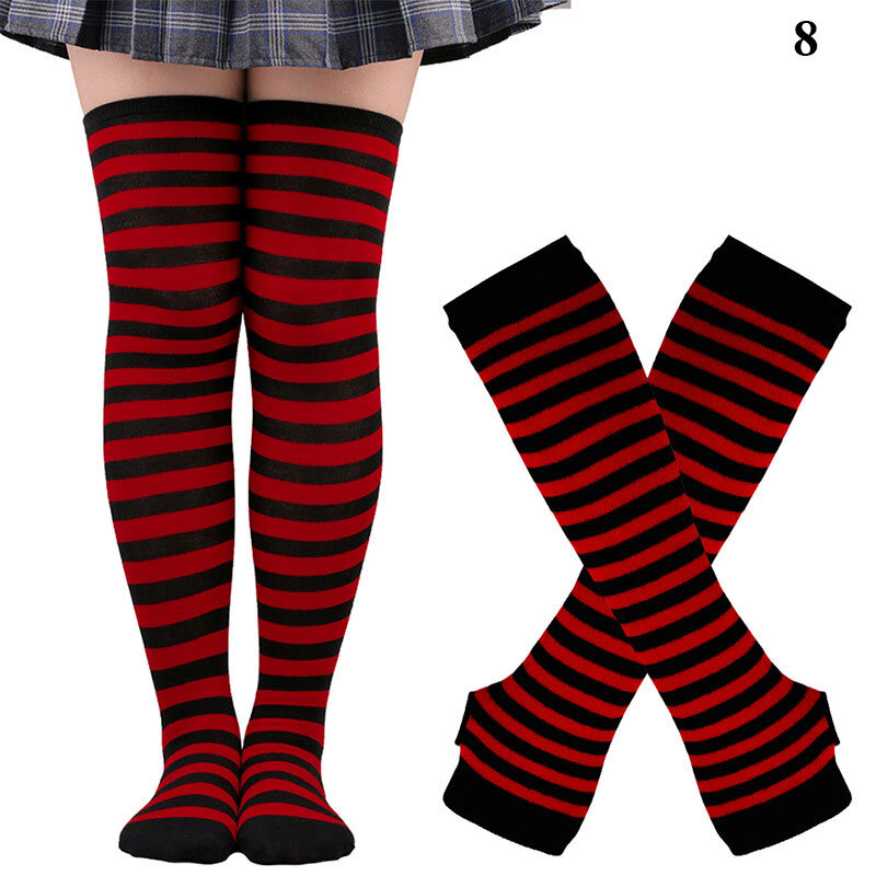 1 Set Women Girls Over Knee Long Stripe Printed Thigh High Cotton Socks Arm Sleeve Gloves Sweet Cute Plus Size Overknee Socks