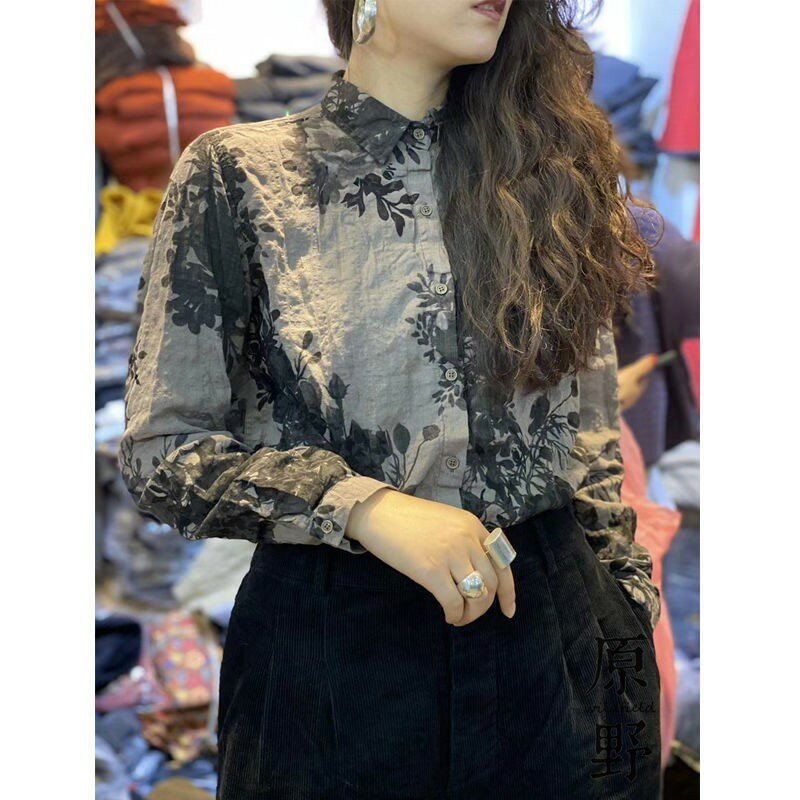 2021 Spring New Arts Style Women Long Sleeve Loose Turn-down Collar Blouse Vintage Print Cotton Linen Shirts Femme Tops V168