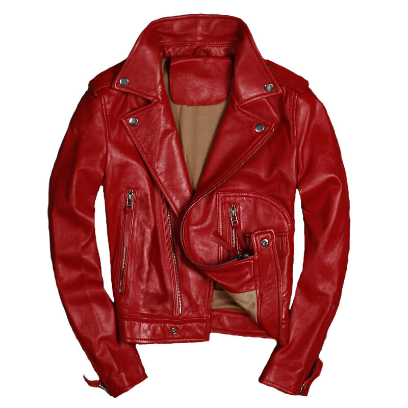 女性のための本革のジャケット,シープスキンのベスト,本物の革のバイカージャケット,女性のためのスリムなアウターウェア,黒赤