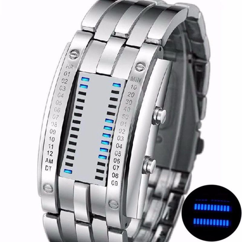 Модные двоичные часы Future Technology для пар, Креативные мужские и женские часы из нержавеющей стали, светодиодные наручные часы-браслет с датой, спортивные часы