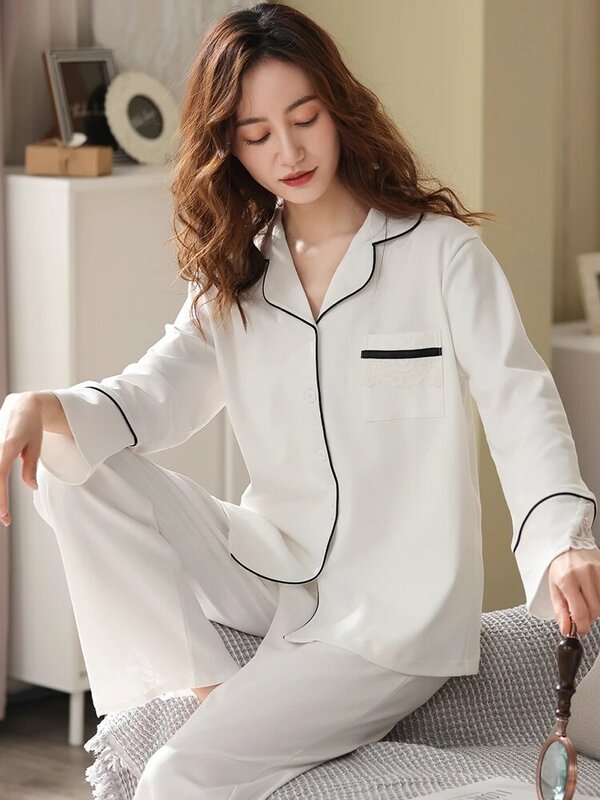 Inverno conjunto de pijama feminino 100% algodão feminino rendas retalhos pijamas pijamas feminino pijamas conjunto de pijamas de algodão branco pj femme