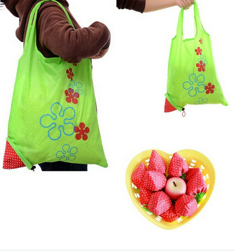 緑のナイロン製ショッピングバッグ,イチゴのプリント,折りたたみ式,再利用可能,食料品用,トートバッグ,便利な大容量収納バッグ