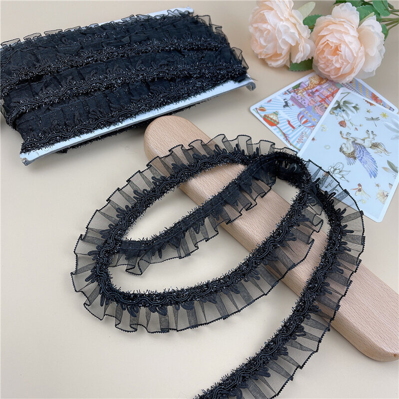 Hot Sale Black Shiny Pleated Lace For Crafts Ribbon DIY Wedding Dress Bag Hat Headwear Skirt Clothes Sewing Material Accessories