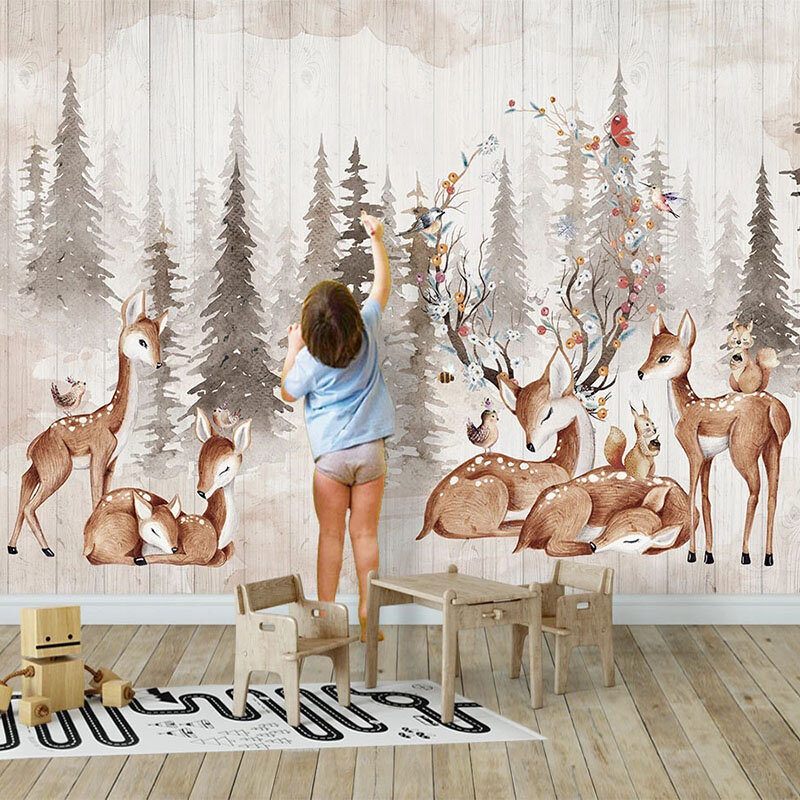 مخصص أي حجم جدارية خلفيات 3D اليد رسمت الغابات خمر الأيائل جدار اللوحة كيد نوم خلفية جدار Papel دي Parede
