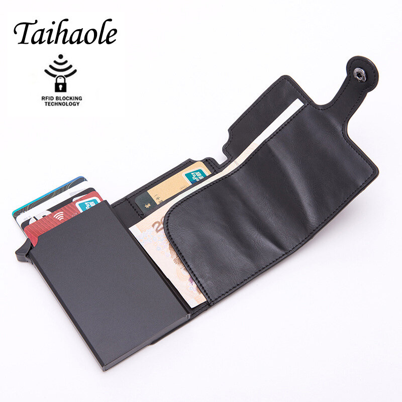 Taihaole 남성용 RFID 버튼 신용 카드 홀더, 고품질 금속 알루미늄 자동 팝업 RFID ID 카드 케이스, 블랙 지갑 동전 지갑