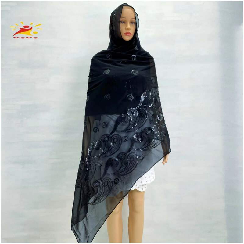 아프리카 패션 무슬림 스카프 터번 여성용 중간 사이즈 스팽글 자수 시폰 이슬람 히잡 파시미나 자수 라마단 두바이