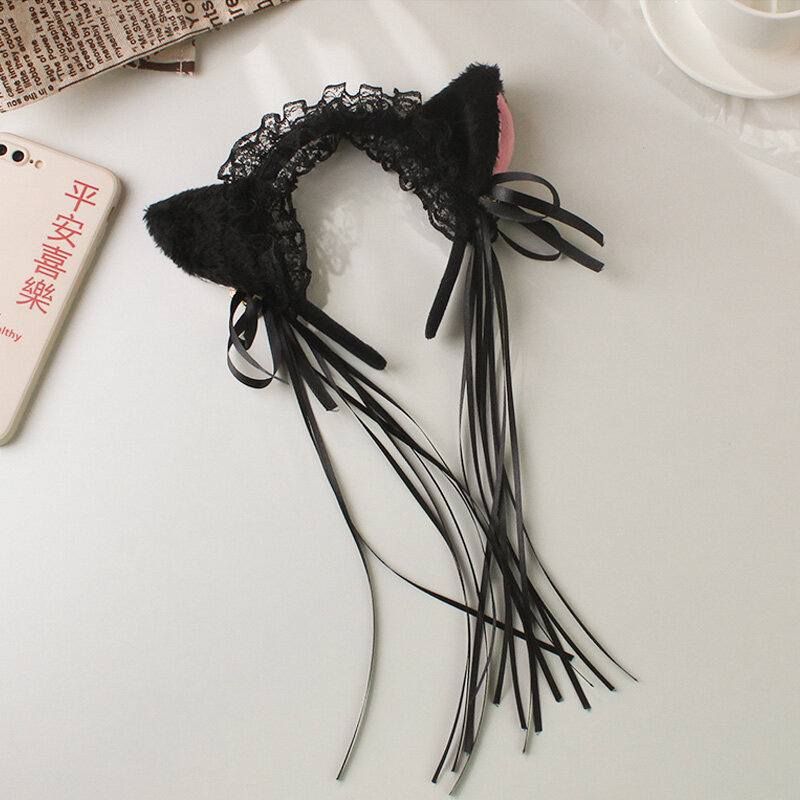 ผู้หญิง Ruffles ลูกไม้ Headband ตุ๊กตาแมวริบบิ้น Bell Lolita Cosplay Hair Hoop