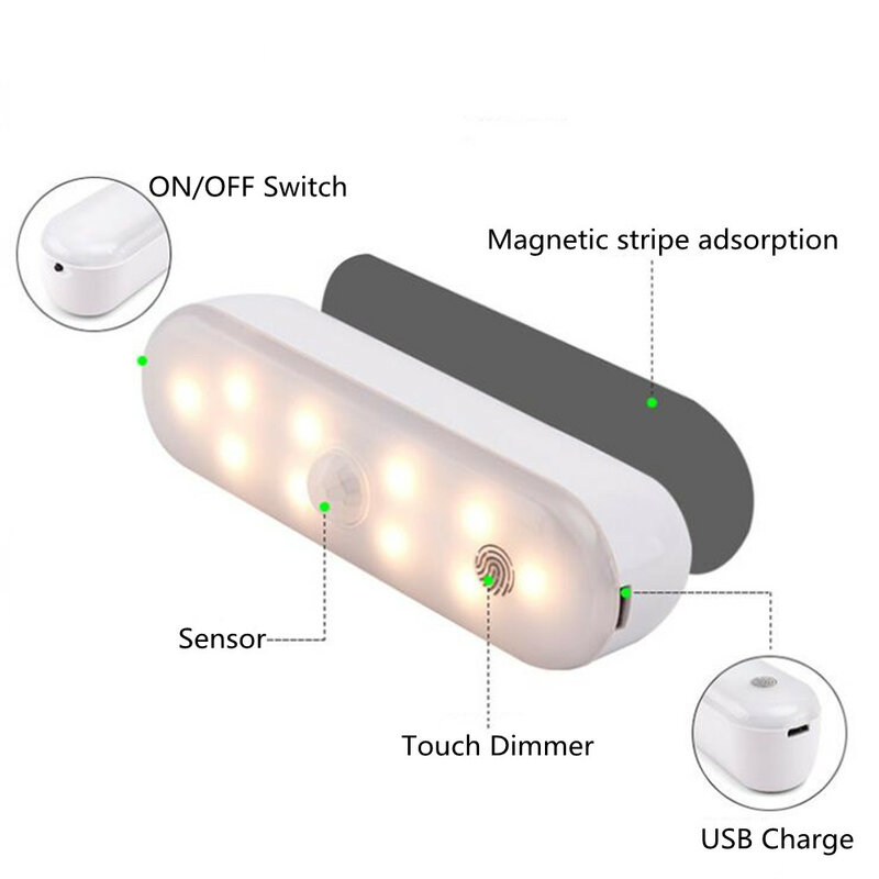 Sensor de movimento luz usb recarregável sem fio led night lamp toque escurecimento armário luz lâmpada inteligente para armário cozinha