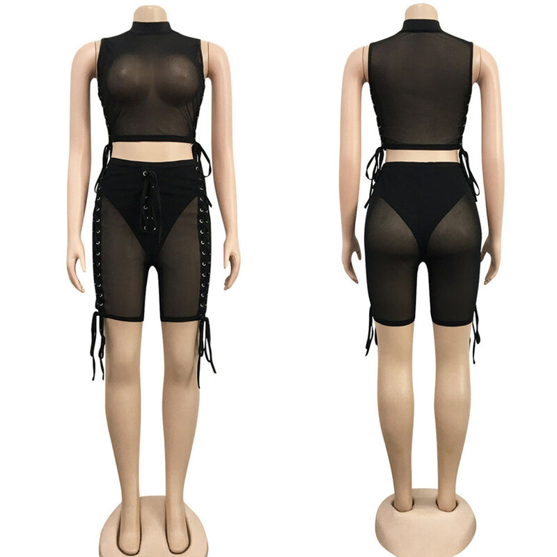 Sexy See-through Bandage Two Piece Set Women Clothing Sets Festival Party Club Outfits Side Lace Up Crop Tops and Shorts Set