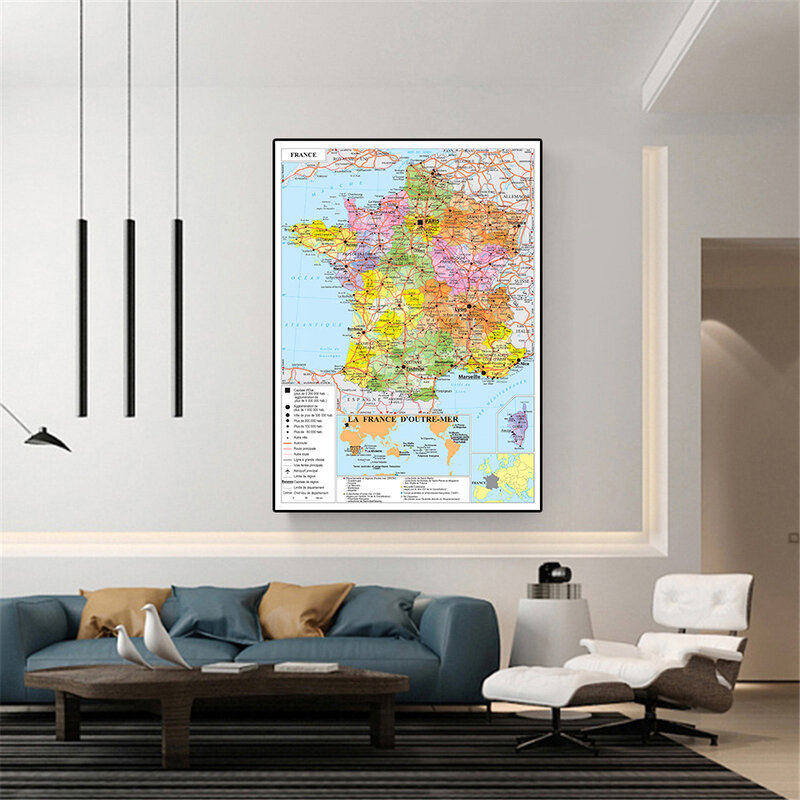 Póster de pared de mapa política de Francia, pintura de lienzo sin olor, suministros escolares de viaje, decoración del hogar en francés, 42x59cm