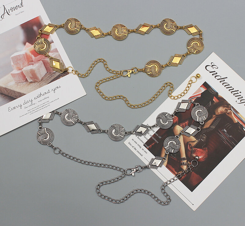 Moda de pasarela para mujer, cadena de Metal dorado y plateado, corsés para vestido femenino, cinturones de cintura, decoración, cinturón estrecho R464