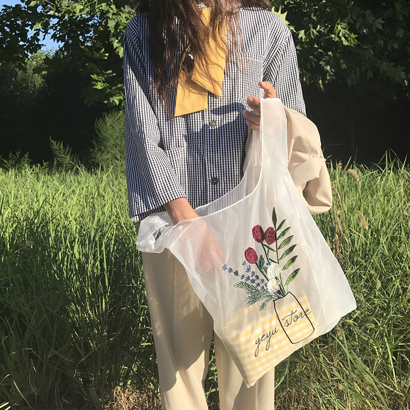 Sommer Frauen Transparent Tote Organza Garn Tuch Strand Tasche Stickerei Handtasche Hohe Qualität Eco Klar Hand Taschen Geldbörse Für Mädchen