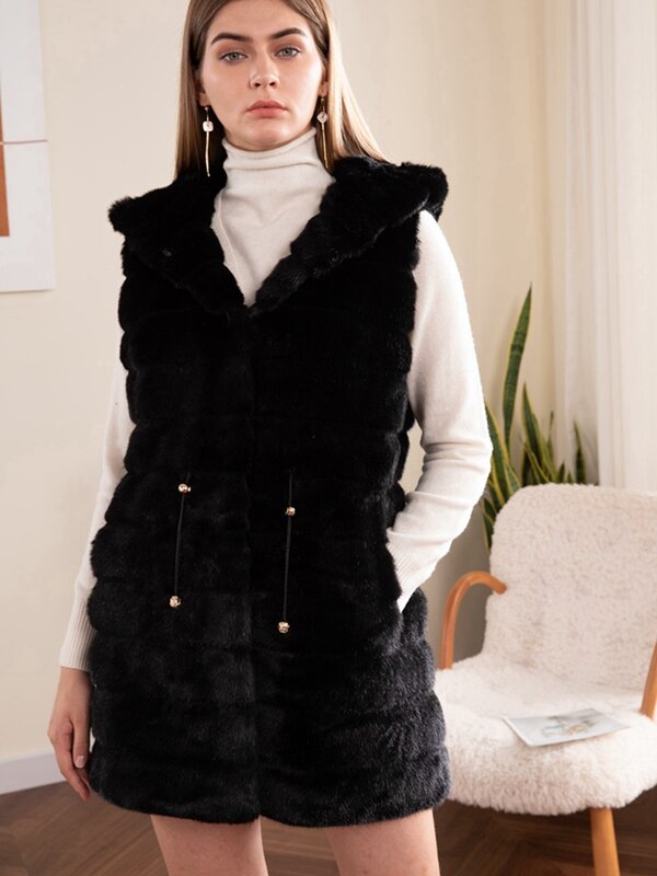 Hoge Kwaliteit Faux Fur Vest Jas Vrouwen Mouwloze Hooded Vest Effen Kleur Plus Size Mode Winter Warme Lange Wollen Vest jacke