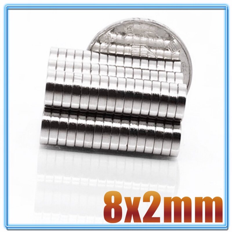 Imán de neodimio de 8x2, 8mm x 2mm, N35, NdFeB, redondo, fuerte, permanente, disco de 8x2mm, 20/50/100/200 Uds.