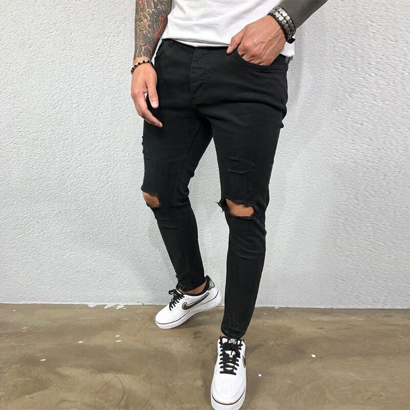 Męskie jeansy z dziurą na kolanie zgrywanie rozciągliwe obcisłe spodnie dżinsowe jednokolorowe czarne niebieskie jesienne lato Hip-styl hiphopowy szczupłe spodnie do fitnessu S-4XL