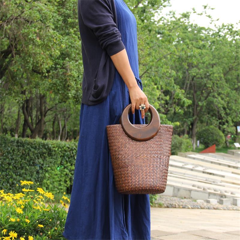 女性用籐ハンドバッグ,28x30cm,タイ製,オリジナルの中国の木製ハンドル,レトロな休暇用バッグ,a6107