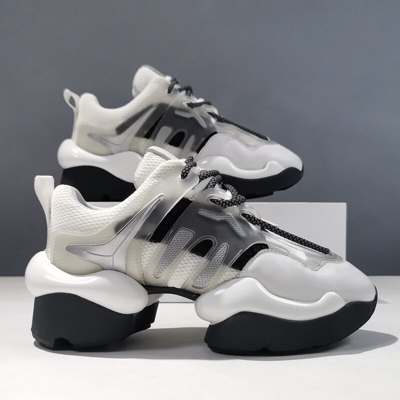 Tênis de couro real retalhos plataforma feminina rendas respirável hip-hop chunky sapatos altura crescente luxo branco formadores