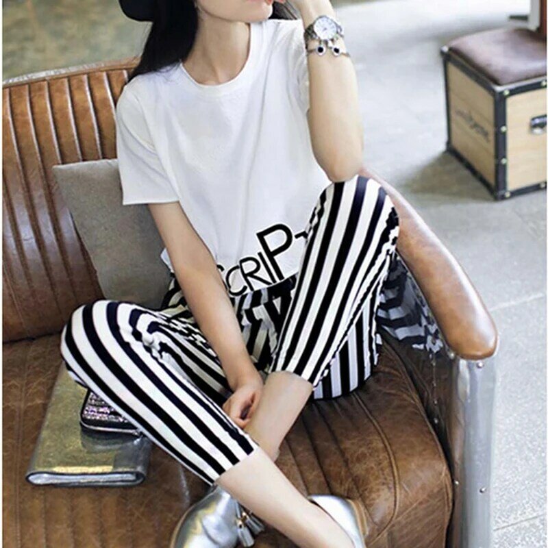 Summer 2 Piece Set Women's Suit White Printing Tops+Stripe Pants Suits Clothes For Female Causal Round Neck Shirt & Slim Trouser