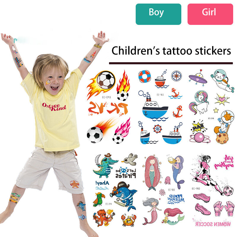 Pegatina de tatuaje de transferencia de 15 piezas para niños, juguete decorativo temporal de dibujos animados, sirena, dinosaurio, arte corporal espacial, brazo, pierna
