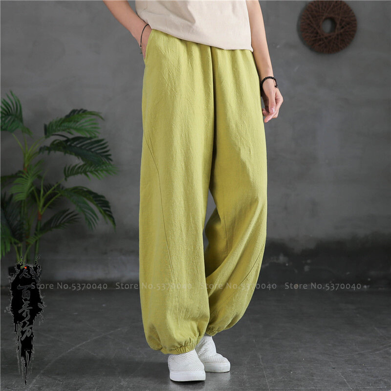 7 cores estilo chinês das mulheres kung fu tai chi calças de moletom algodão linho zen chá retro bloomers cintura elástica calças casuais