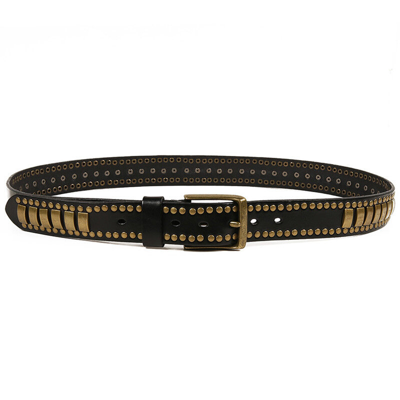 Ta-weo-Cinturón de cuero genuino con remaches para hombre y mujer, cinturón con hebilla de pin, diseño de alta calidad, estilo hip hop, Unisex