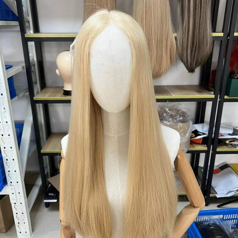 Yelin loira cor virgem europeu cabelo em linha reta peruca superior do laço em estoque