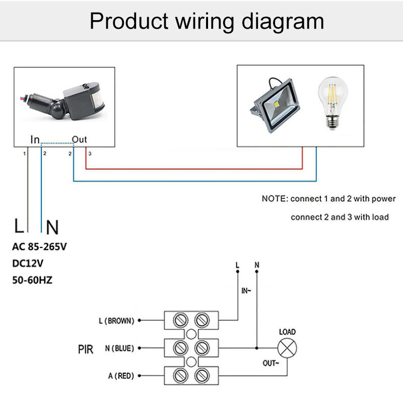 Mini luz conduzida com detector de movimento, ip65 impermeável, 85-265v, 1 parte, ajustável