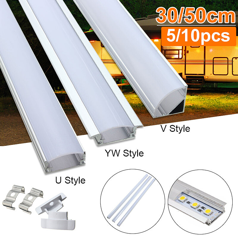 Soporte de canal de aluminio de 5/10 piezas, 50cm, U/V/YW, tres estilos para barra de luz LED debajo del armario, lámpara de cocina de 1,8 cm de ancho, gran oferta