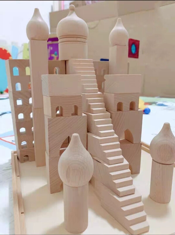 Bloques de construcción de madera para niños, Castillo de apilamiento de madera sin pintar, Iglesia Coliseo, bloques atléticos, juguete educativo
