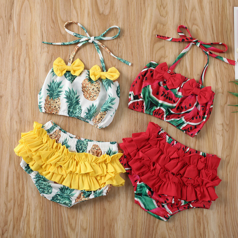 2PCS Baby Girl Summer Pineapple Watermelon Print Swimwear Toddlers Kids Children Bikini Set Ruffle Bowknot Swimsuit