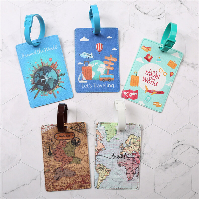 Mappa del mondo creativo etichette per bagagli accessori da viaggio custodia per il trasporto in Pu Id Addres etichette per carte d'imbarco per bagagli etichette per libri