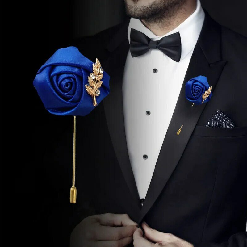Groom Boutonniere przypinki na klapę ślub stanik garnitur dziurki jedwabne róże złote liście mężczyźni kobiety broszka kwiaty Mariage akcesoria