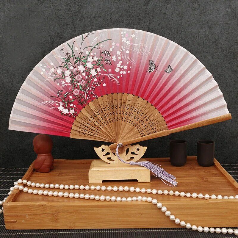 Chinese Spun Silk Flower Printing Hand Fan Vintage Folding Hollow Event Party Birthday Anime Cosplay Costume Halloween Christmas