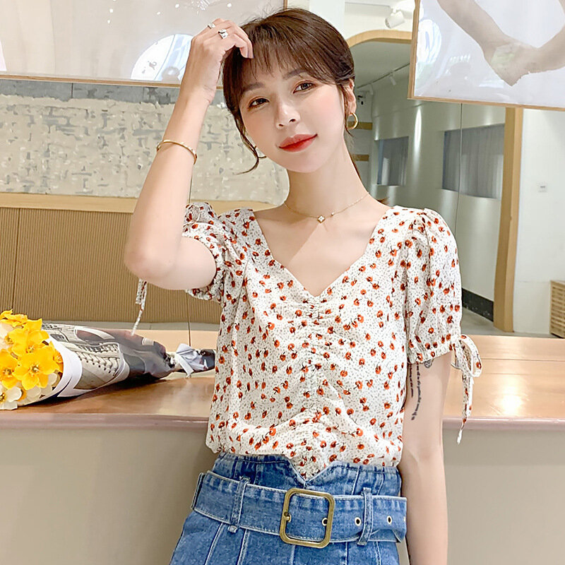 Topy dla kobiet moda 2020 lato koreański V Neck sznurkiem bufiaste rękawy kwiatowy Print szyfonu koszule damskie bluzki Blusen Damen