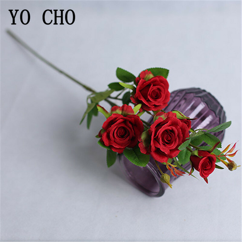 YO CHO 4 สาขา Long Stem ประดิษฐ์ดอกไม้ผ้าไหมกุหลาบสาขาสีขาวสีชมพูงานแต่งงานตกแต่งปลอมขนาดเล็ก Rose ดอกไม้