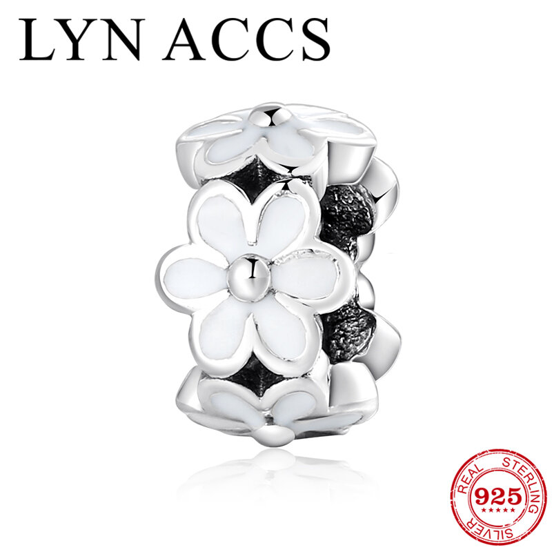 Fit Original LYNACCS Charm Bracelet Fashion 925 Sterling Silver White Enamel Flower Spacer Beads for jewelry making