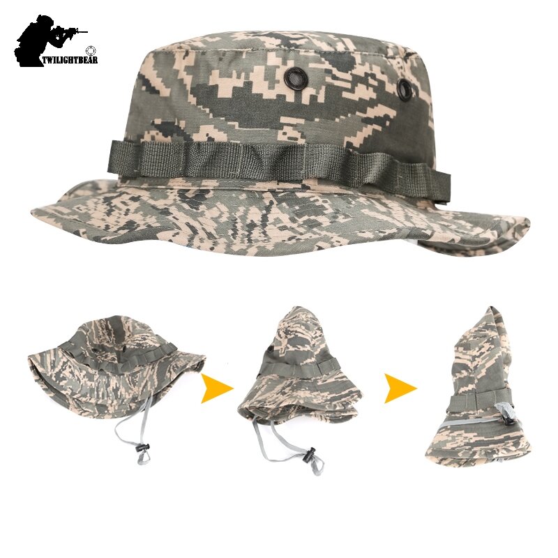 Outdoor kapelusz typu Bucket kamuflaż Boonie kapelusz zagęścić kapelusz rybaka Airsoft polowanie piesze wycieczki wspinaczka czapki kempingowe AF056