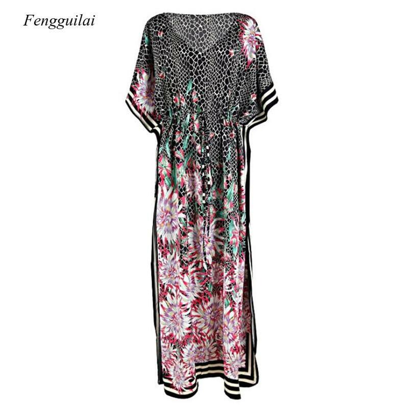 Polyester Floral Print Beach Summer Cover Up Sexy Deep V-Neck Robe Holiday Sunscreen Dress