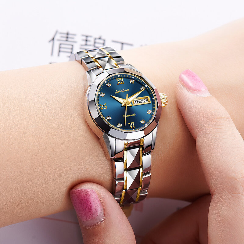JSDUN-Luxury ยี่ห้อ Sapphire Mechanical นาฬิกาผู้หญิง,วัสดุเหล็กทังสเตน,กันน้ำ,คุณภาพสูงแฟชั่นนาฬิกา8813