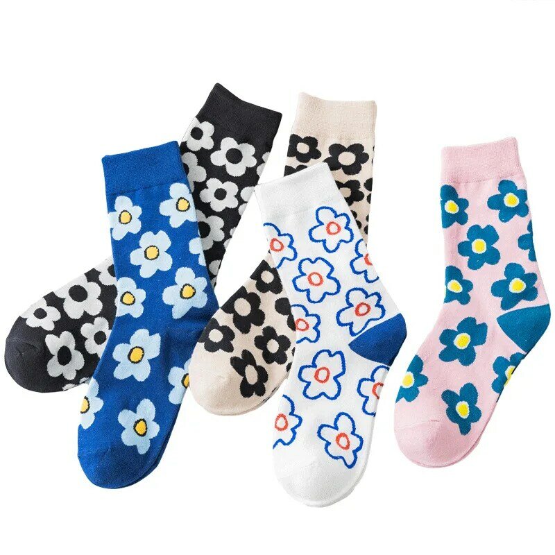 Calcetines con estampado de flores para mujer, calcetín corto, estilo coreano, ropa de calle bonita, para Otoño e Invierno