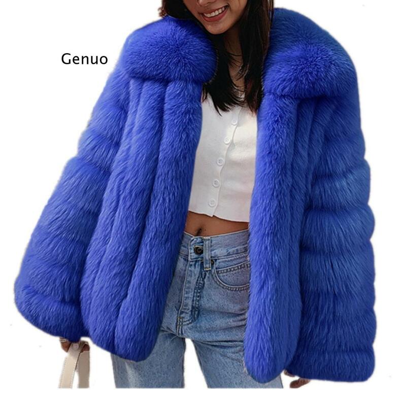 Mantel Bulu Imitasi Kerah Belok Lengan Panjang Mewah Mode Wanita Jaket Mantel Bulu Hangat Musim Gugur Musim Dingin Mantel Bulu Palsu Hangat untuk Wanita