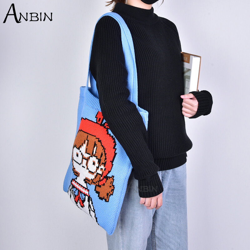 Women's Shoulder Bag Wool Knitting Cute Pattern Foldable Large Capacity Female Tote Fashion Casual Student Shopping Handbags