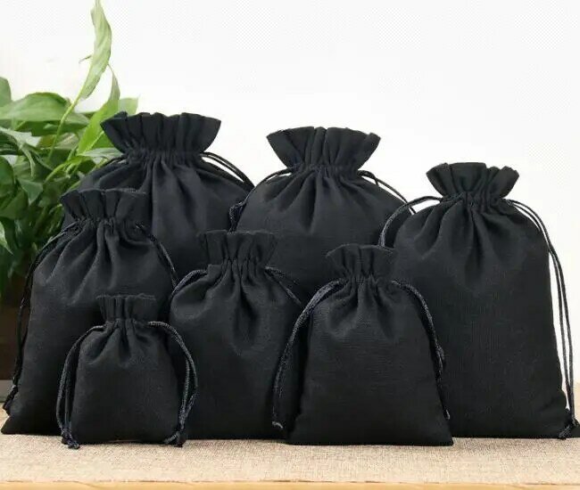 50pcs/Lot Black Cotton Canvas Bags Big Drawstring Gift Pouches Packaging Bag Home Organizer Storage Sacks Custom Logo Print