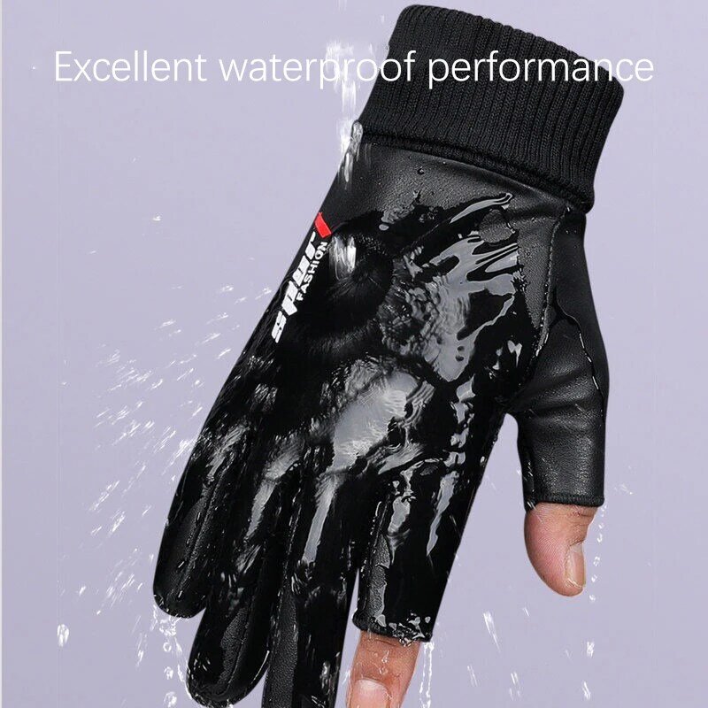 Men's Gloves Autumn Cycling Winter Two-Finger Velvet Warm Non-Slip Male Waterproof Sports Touchscreen Hiking Fishing Gloves
