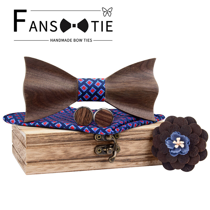 Пейсли 2020 Новый 3D деревянный галстук-бабочка набор Шелковый Карманный квадратный запонки Цветочная Брошь для мужчин Свадебный бант платок-галстук деревянная коробка