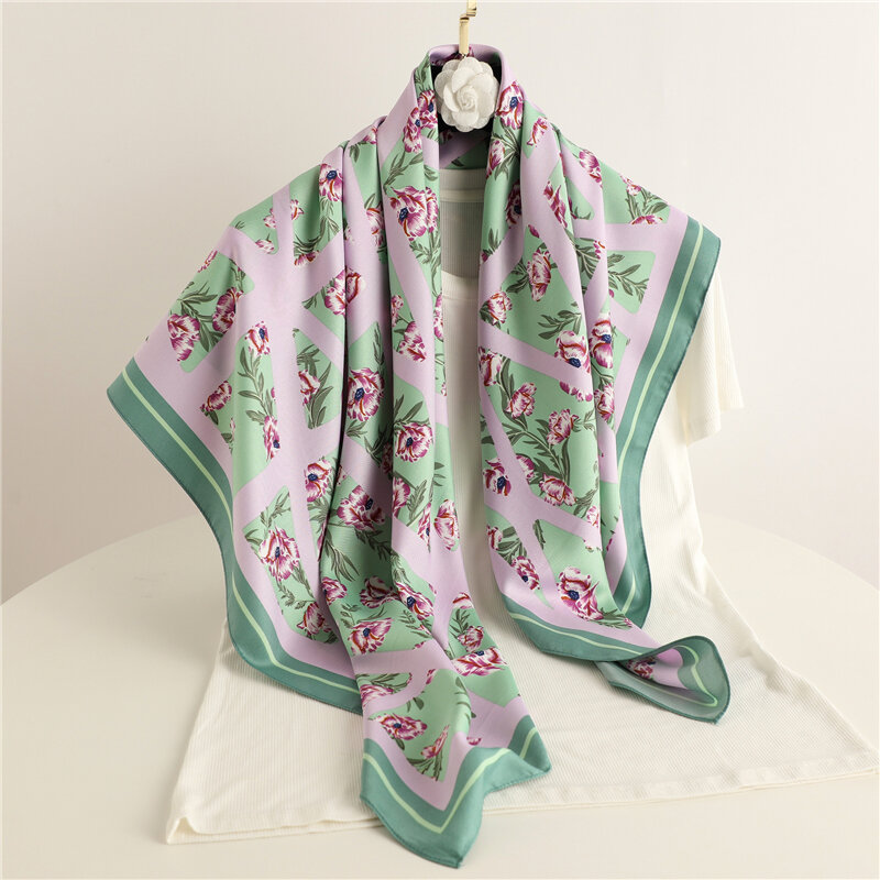 Design 2022 Twill Headkerchief for Women Print Summer Autumn 90cm Square Scarf Hijab Ladies Hair Band  Shawl Wraps Foulard