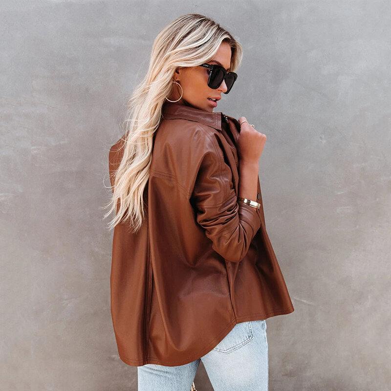 Ardm – veste à boutonnage simple pour femme, manteau décontracté, marron, Vintage, à manches longues, en Faux cuir, à la mode, 2021