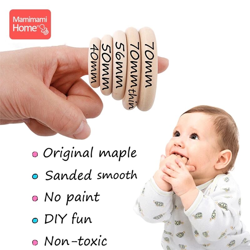 Anillo de dentición de madera Natural para bebé, juguete mordedor de superficie lisa de 70/55/50/40mm, sin BPA