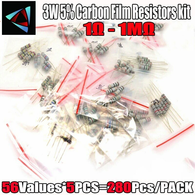 Kit de resistores de filme de carbono 280 peças, 5% 1 ~ 1m ohm 56 valores * 5 peças